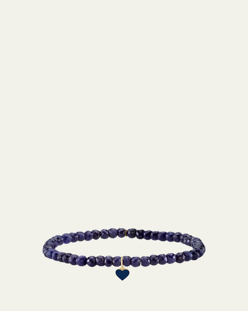 14K Yellow Gold Blue Enamel Heart Charm on Sapphire Beaded Bracelet